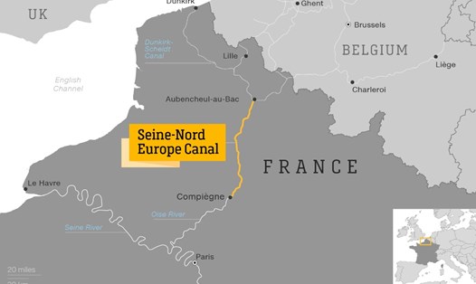 Dự án kênh đào Seine-Nord Europe dài 107 km, trị giá 5,5 tỉ USD. Ảnh: SCSNE