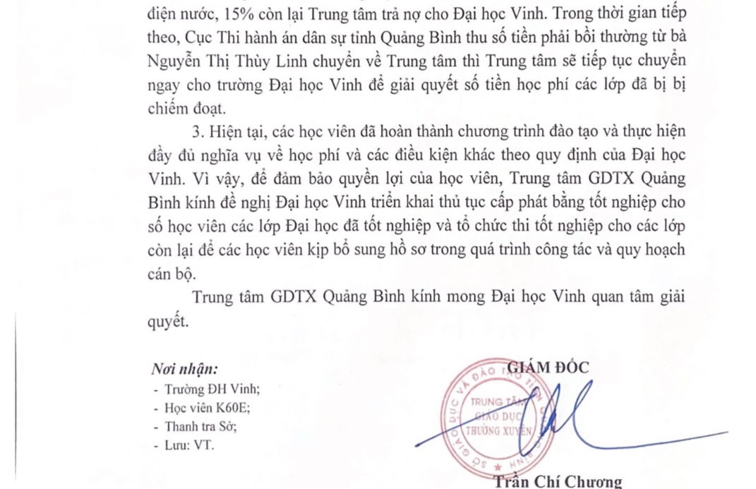 Công văn mới nhất của Trung tâm GDTX tỉnh Quảng Bình gửi Trường Đại học Vinh “kêu cứu” nhằm bảo đảm quyền lợi cho học viên. Ảnh: Lê Phi Long