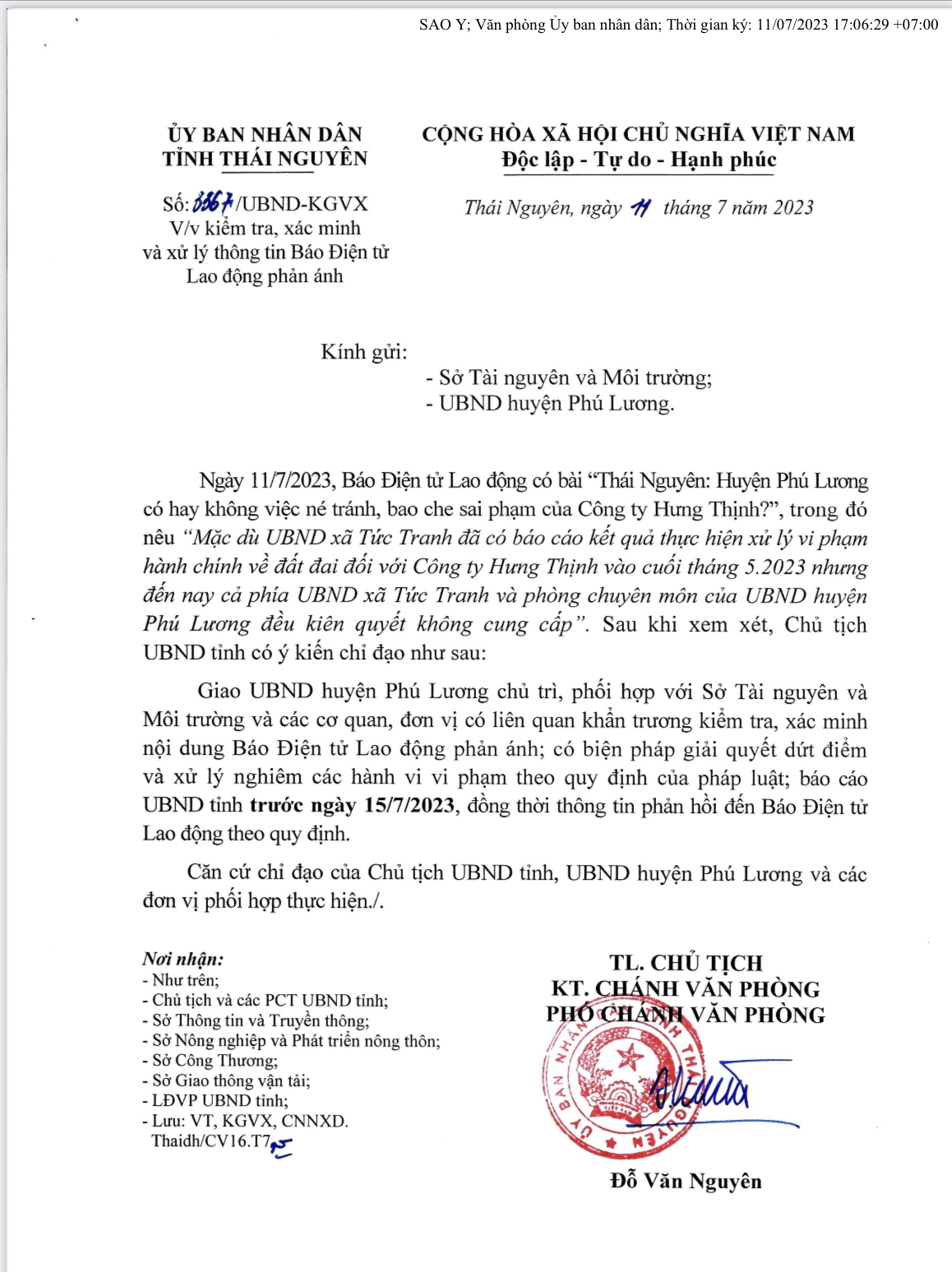 Chủ tịch UBND tỉnh Thái Nguyên yêu cầu các cơ quan liên quan kiểm tra, giải quyết dứt điểm và xử lý nghiêm các hành vi vi phạm.