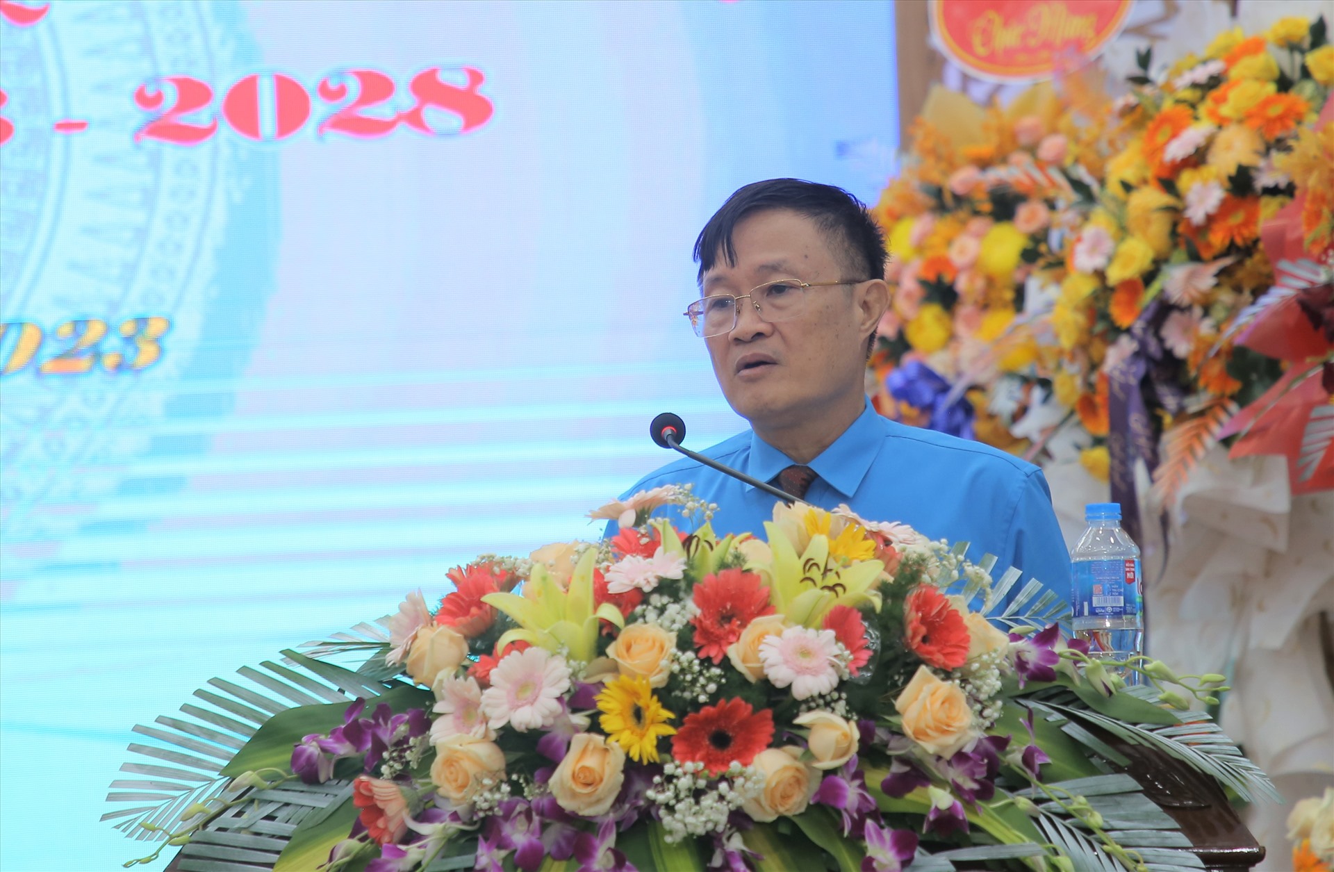 Ông Vũ Ngọc Chính, Phó Chủ tịch Công đoàn ngành Xây dựng Việt Nam phát biểu tại đại hội. Ảnh: Hưng Thơ.