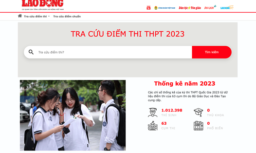 Giao diện trang tra cứu điểm thi tốt nghiệp THPT năm 2023 trên Báo Lao Động.