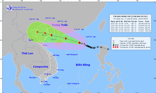 Cập nhật vị trí và đường đi của bão số 1 Talim vào 17h ngày 16.7. Ảnh: Trung tâm Dự báo Khí tượng Thuỷ văn Quốc gia. 
