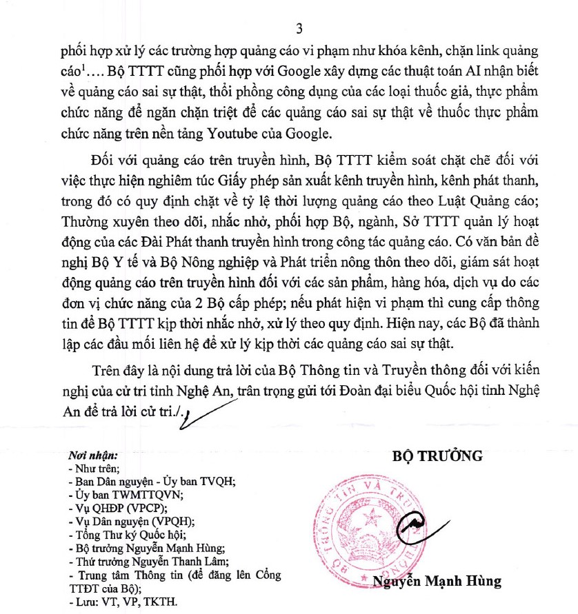 Văn bản trả lời kiến nghị cử tri Nghệ An của Bộ TTTT. Ảnh: Hải Đăng