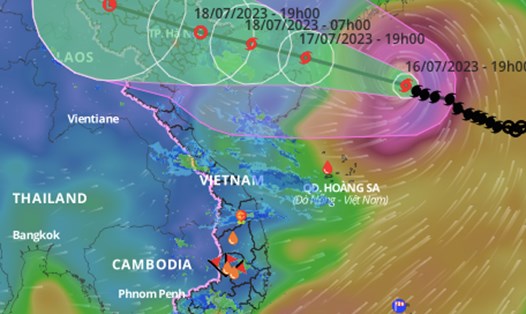 Cập nhật vị trí và đường đi của bão số 1 lúc 8h sáng 17.7. Ảnh: Trung tâm Dự báo Khí tượng Thuỷ văn Quốc gia.