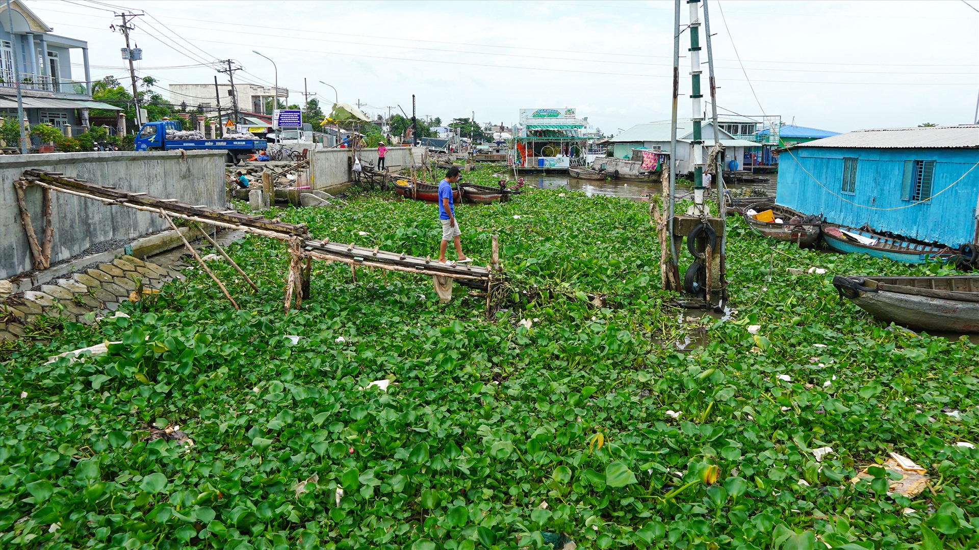 Anh Trí Nguyện (quận Cái Răng) cho biết, tình trạng lục bình và rác thải xuất hiện ở chợ nổi thường xuyên. Mặc dù hàng tuần chính quyền có đi thu gom, nhưng vớt không xuể.