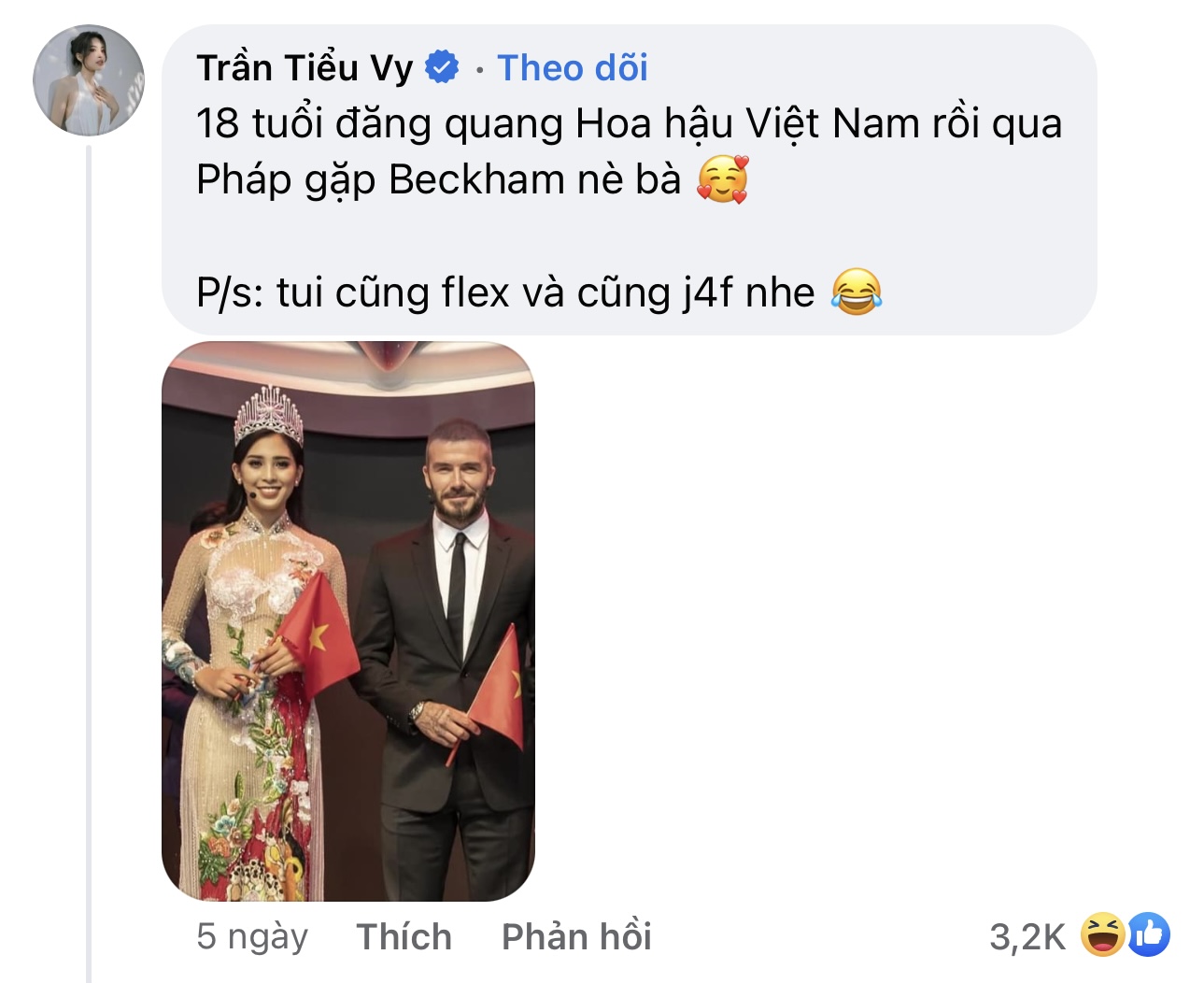 Hoa hậu Trần Tiểu Vy hưởng ứng trào lưu “flex” phía dưới bài chia sẻ của Hoa hậu Lương Thuỳ Linh. Ảnh chụp màn hình