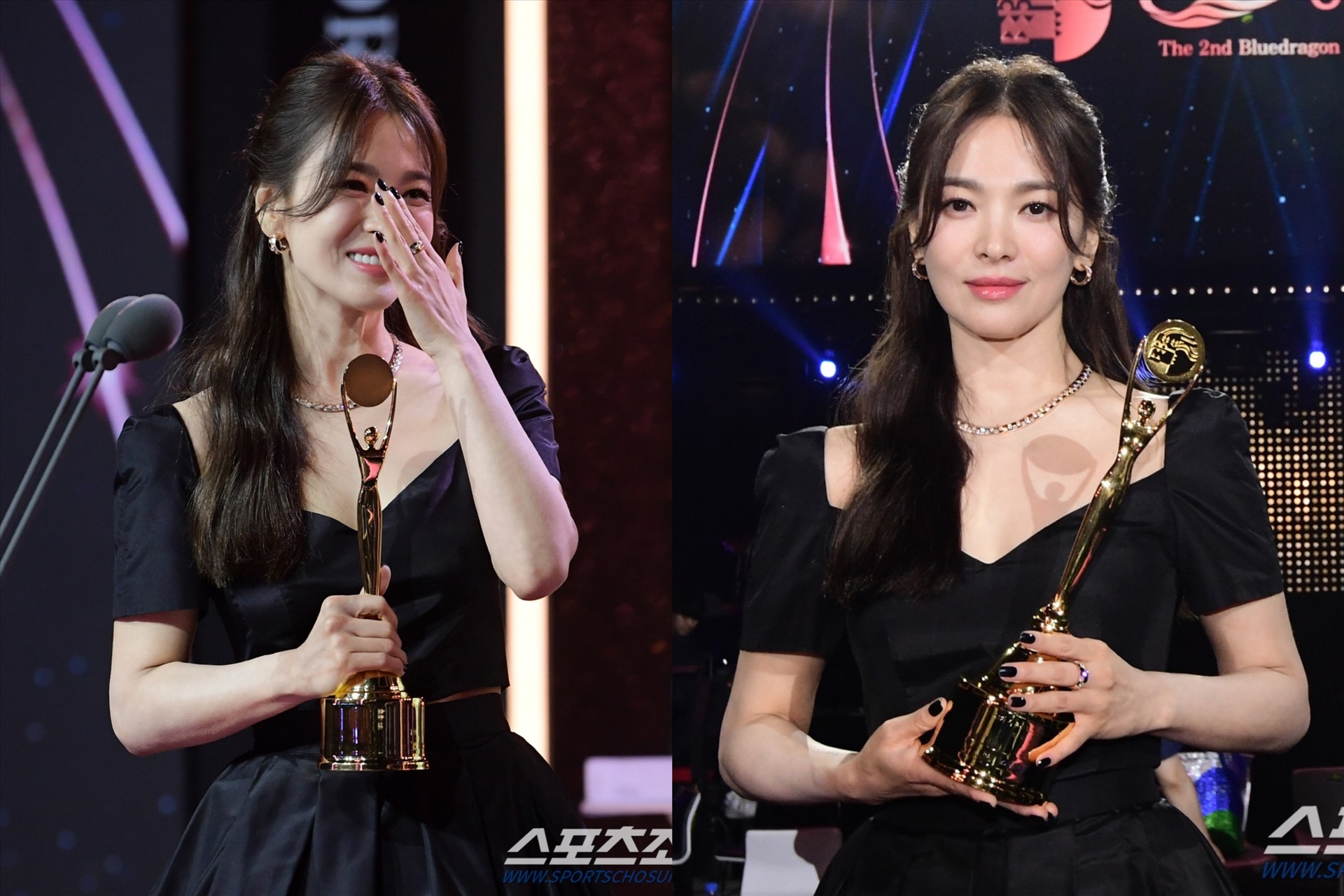 Song Hye Kyo xúc động khi nhận giải thưởng lớn nhất. 