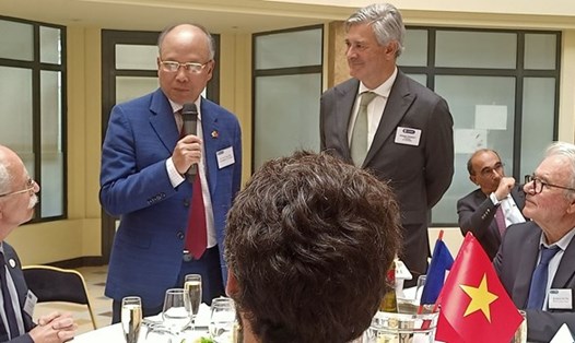Đại sứ Việt Nam tại Pháp Đinh Toàn Thắng phát biểu tại buổi tọa đàm doanh nghiệp Việt Nam - Morbihan. Ảnh: TTXVN