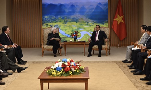 Thủ tướng Chính phủ Phạm Minh Chính tiếp Bộ trưởng Tài chính Mỹ Janet Yellen. Ảnh: Hải Nguyễn