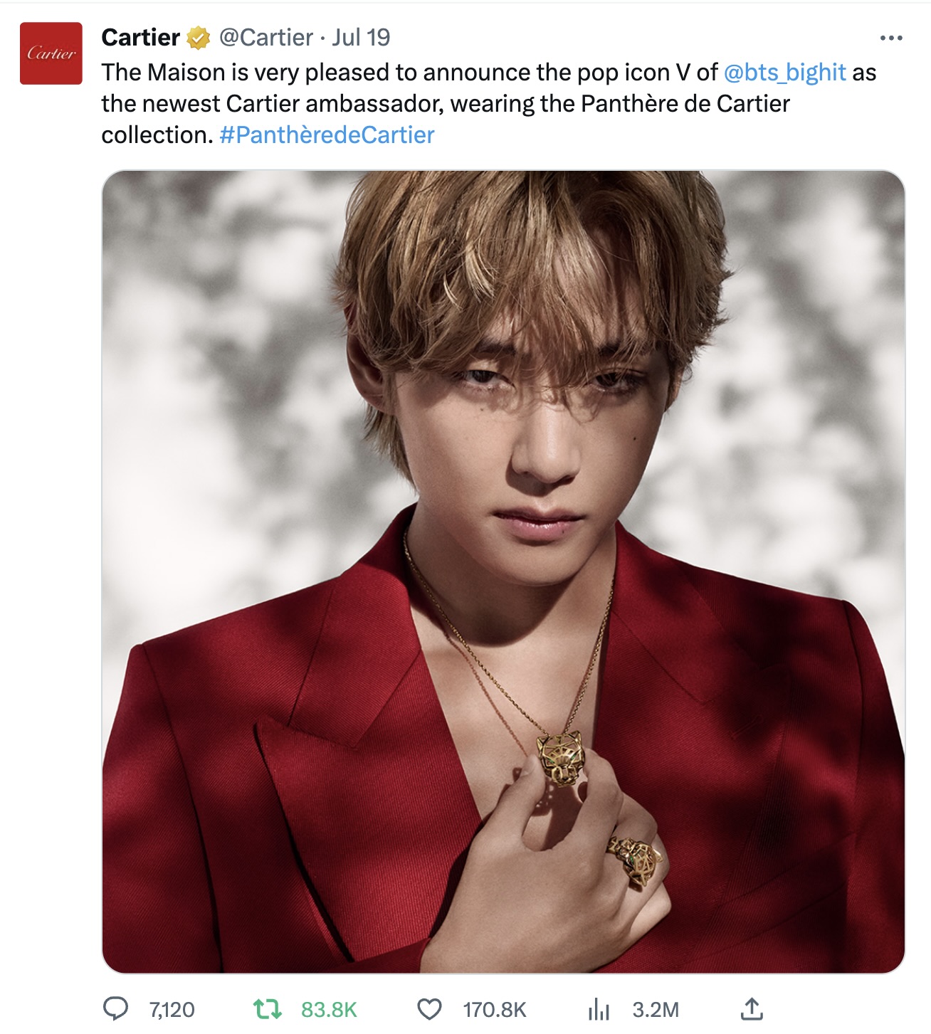 Bài đăng Cartier tuyên bố danh phận đại sứ cho V (BTS) nhận lượng tương tác lớn. Ảnh: Chụp màn hình