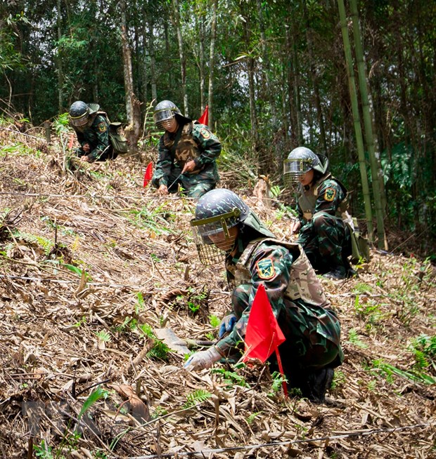 Hơn 500 cán bộ, chiến sỹ, nhân viên thực hiện nhiệm vụ rà phá bom mìn ở Hà Giang. Ảnh: Nam Thái/TTXVN