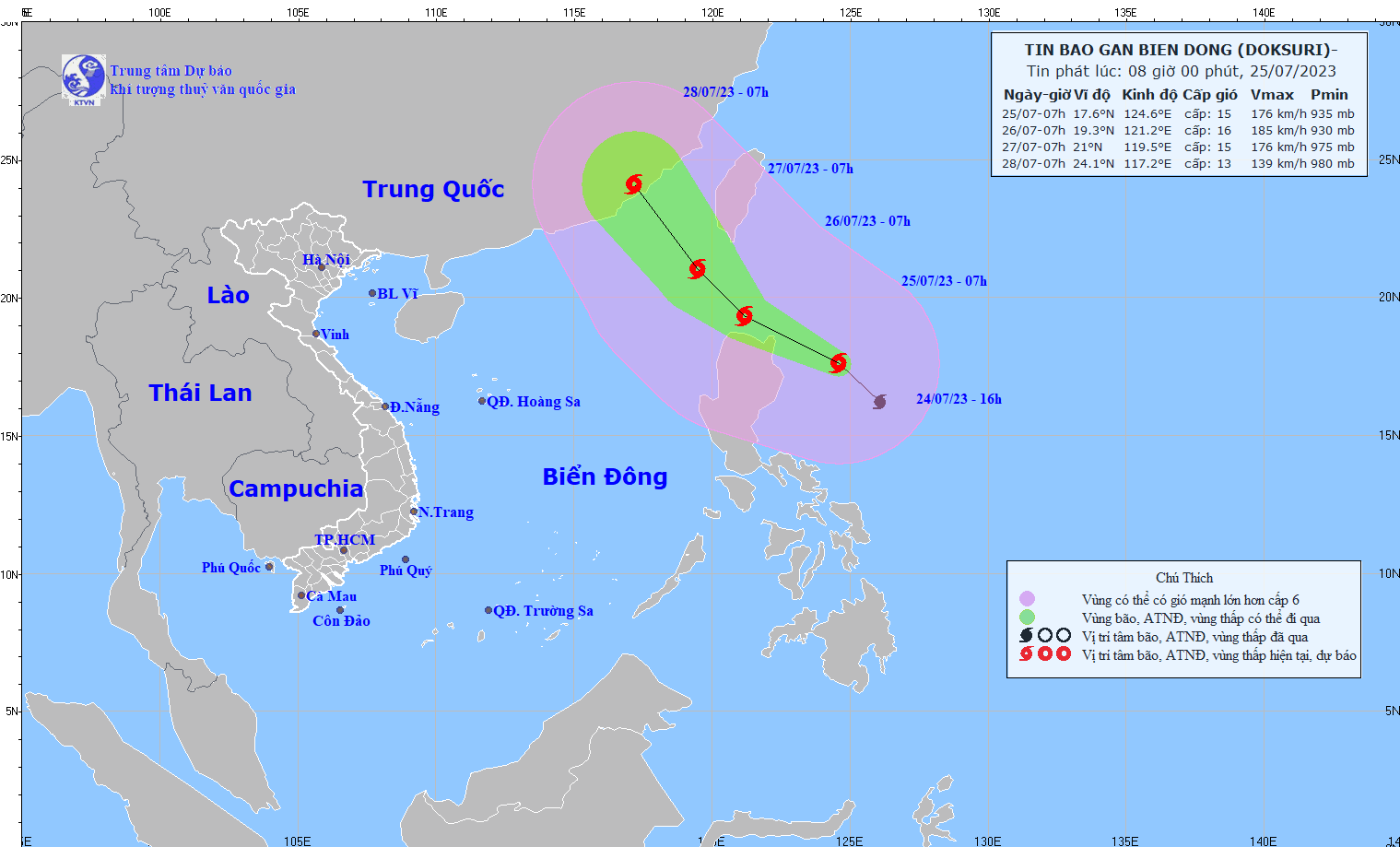 Hình ảnh đường đi của cơn bão Doksuri. Ảnh: Trung tâm Dự báo Khí tượng Thủy văn quốc gia.