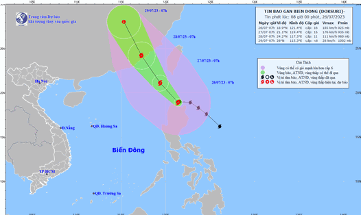 Hình ảnh mới nhất về đường đi của bão Doksuri cập nhật lúc 7 giờ ngày 26.7. Nguồn: Trung tâm Dự báo Khí tượng Thủy văn quốc gia.