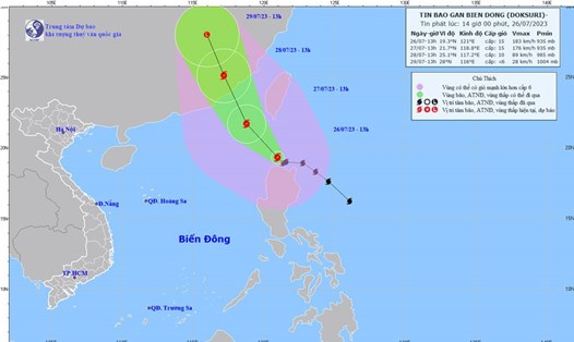 Hình ảnh mới nhất về đường đi của bão Doksuri cập nhật lúc 13 giờ ngày 26.7. Nguồn: Trung tâm Dự báo Khí tượng Thủy văn quốc gia