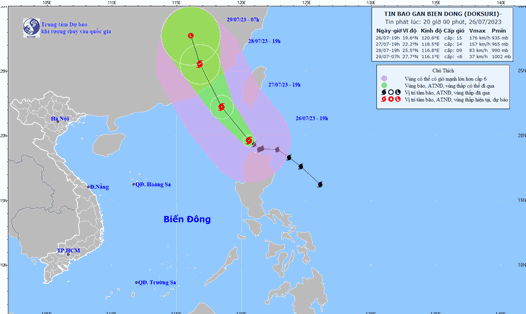Hình ảnh mới nhất về đường đi của bão Doksuri cập nhật lúc 19 giờ ngày 26.7. Nguồn: Trung tâm Dự báo Khí tượng Thủy văn quốc gia