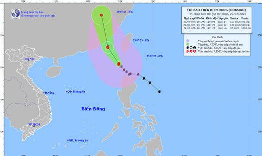 Hình ảnh mới nhất về đường đi của bão Doksuri cập nhật lúc 7 giờ ngày 27.7. Nguồn: Trung tâm Dự báo Khí tượng Thủy văn quốc gia