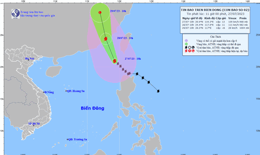 Hình ảnh mới nhất về đường đi của bão Doksuri cập nhật lúc 10 giờ ngày 27.7. Nguồn: Trung tâm Dự báo Khí tượng Thủy văn quốc gia