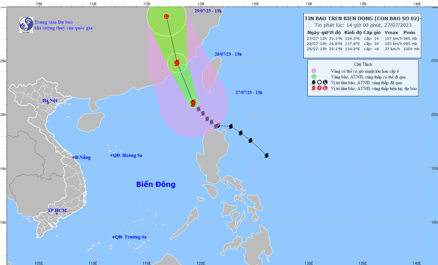 Hình ảnh mới nhất về đường đi của bão Doksuri cập nhật lúc 13 giờ ngày 27.7. Nguồn: Trung tâm Dự báo Khí tượng Thủy văn quốc gia