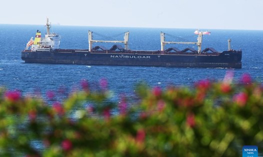 Tàu chở ngũ cốc từ Ukraina đến Eo biển Bosphorus ở Istanbul, Thổ Nhĩ Kỳ, ngày 6.8.2022. Ảnh: Xinhua