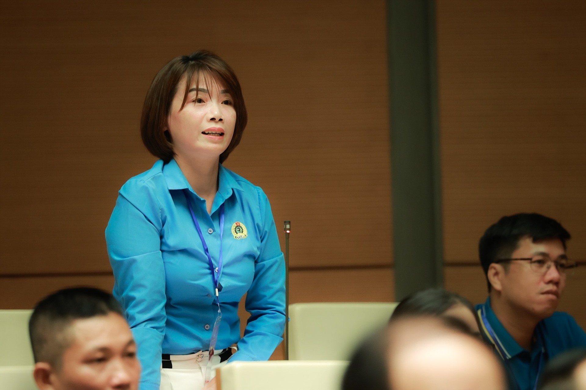 Chị Lê Thị Hà, Chủ tịch Công đoàn cơ sở Công ty May Minh Anh, tỉnh Nghệ An. Ảnh: Hải Nguyễn. 