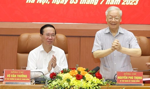 Tổng Bí thư Nguyễn Phú Trọng - Bí thư Quân uỷ Trung ương phát biểu tại Hội nghị. Ảnh: TTXVN