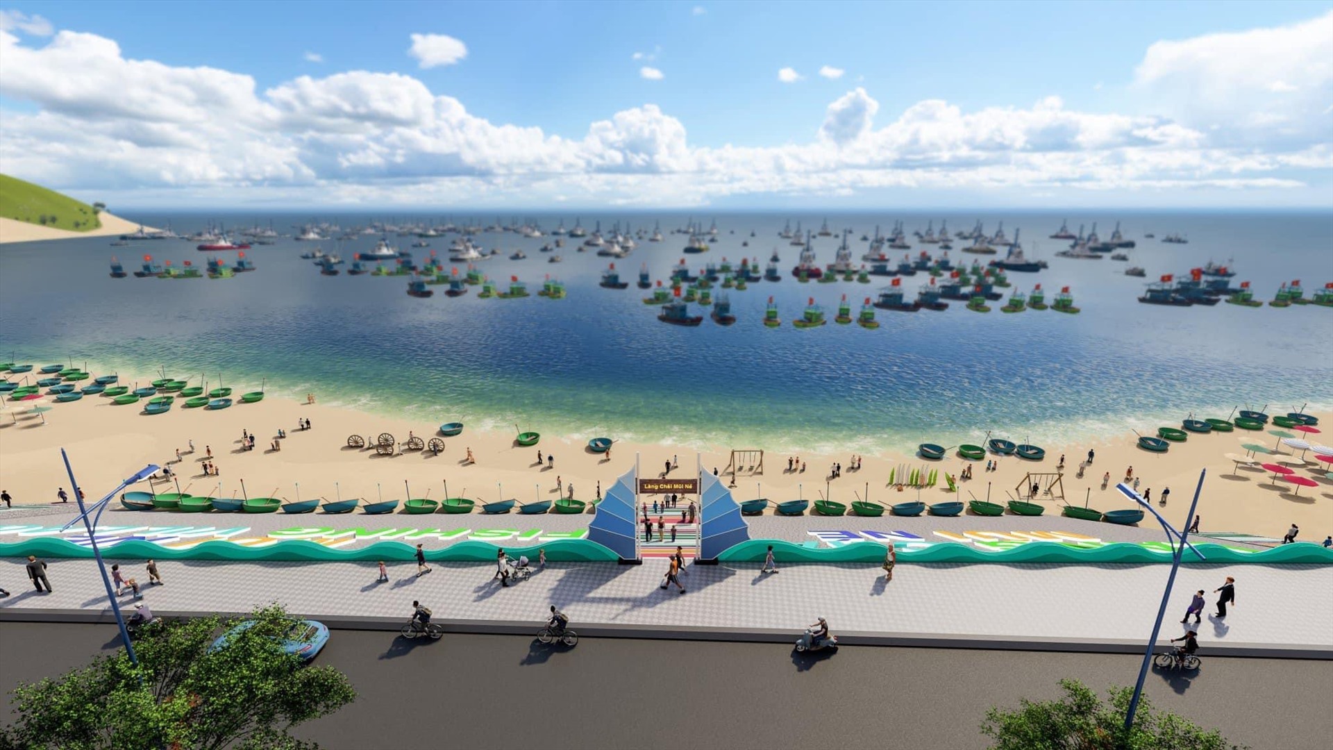 Phối cảnh sẽ cải tạo cảnh quan tại Làng chài Mũi Né, nơi thuyền thúng neo đậu thu hút du khách nhưng hiện một số người dựng lều bạt bán hải sản nhếch nhác. Ảnh: Sở VHTT&DL