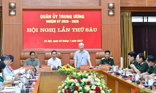 Tổng Bí thư Nguyễn Phú Trọng - Bí thư Quân uỷ Trung ương phát biểu Kết luận Hội nghị. Ảnh: QĐND