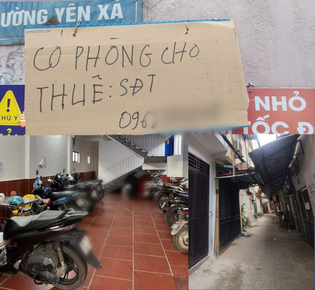 Nhiều phòng trọ ở đường Yên Xá (huyện Thanh Trì, Hà Nội) dù còn treo biển nhưng khi PV Lao Động gọi điện chủ nhà đều thông báo chỉ còn 1 -2 phòng hoặc đã kín phòng cho thuê. Ảnh: Thu Giang 