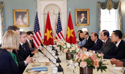 Quang cảnh cuộc làm việc của Trưởng ban Đối ngoại Trung ương Lê Hoài Trung và Ngoại trưởng Mỹ Antony Blinken. Ảnh: TTXVN