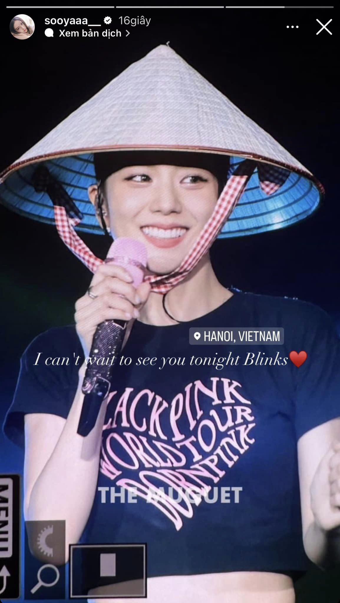 Jisoo đăng story hẹn gặp khán giả Việt trong tối nay (30.7). Ảnh: Instagram nhân vật
