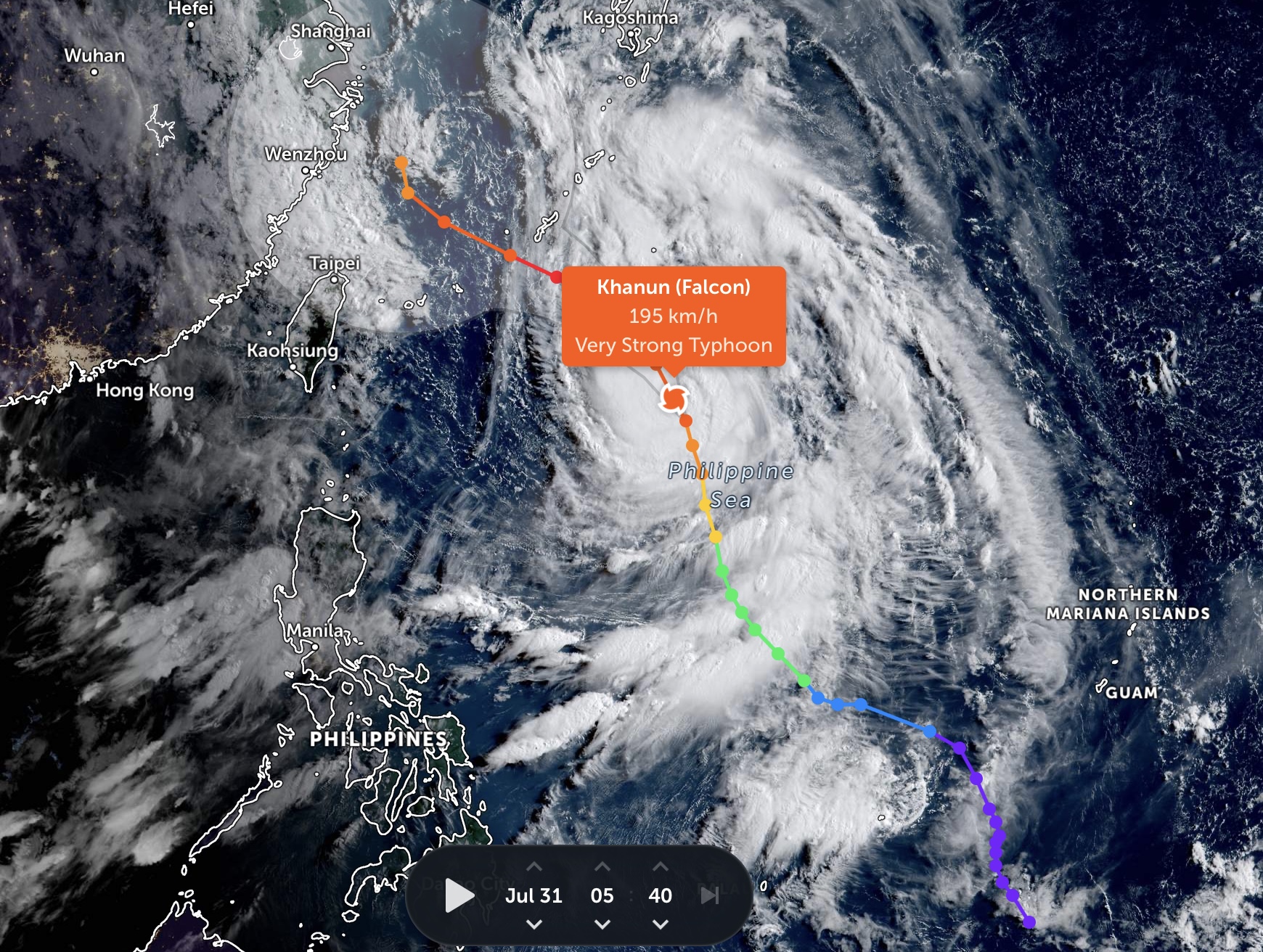 Vị trí bão Khanun trên biển Philippines. Ảnh: ZoomEarth