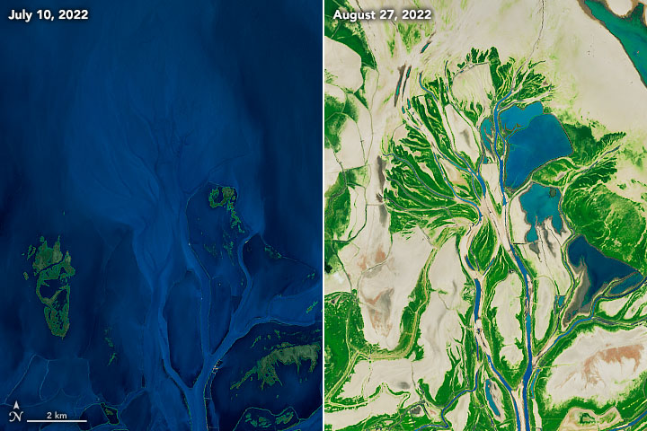 Mực nước hồ Bà Dương ngày 10.7 (trái) và ngày 27.8.2022 (phải). Ảnh: NASA 