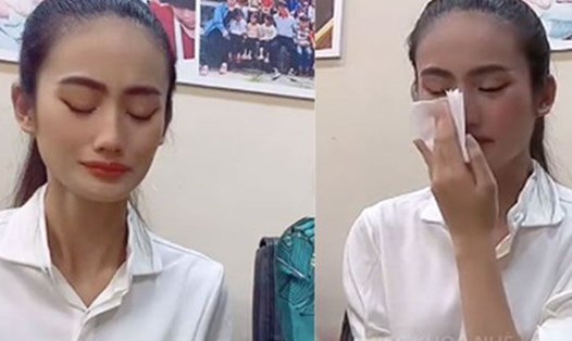 Hoa hậu Ý Nhi khóc trong livestream vào ngày 29.7 vừa qua. Ảnh cắt từ video 