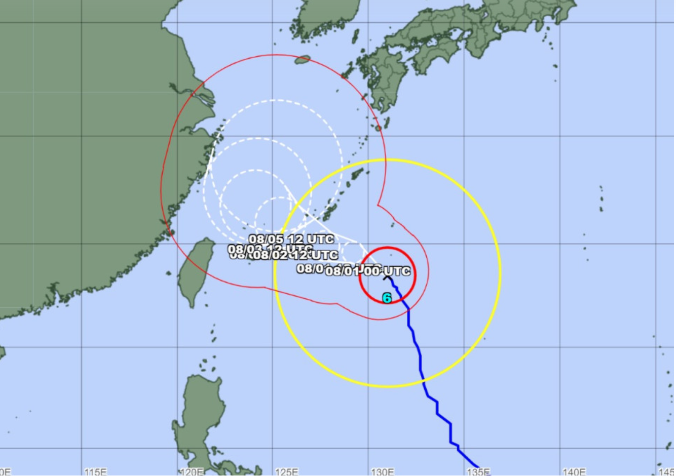 Dự báo đường đi và vùng ảnh hưởng của bão Khanun. Ảnh: Cơ quan Khí tượng Nhật Bản