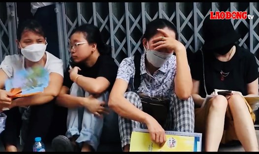 Phụ huynh và học sinh ngồi vạ vật trước Trường THPT Hoàn Cầu (Hà Nội) để chờ nộp hồ sơ. Ảnh: Lao Động