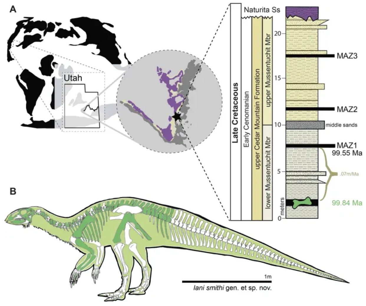 Hình ảnh phác hoạ loài khủng long mới cùng nơi phát hiện ra nó. Ảnh: PLOS ONE