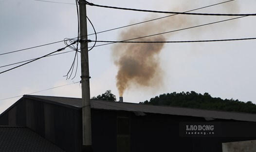 Cột khói với màu vàng đậm đặc kèm mùi khét khói chịu từ lò sấy gỗ của Công ty Hưng Thịnh thường xuyên xả ra môi trường (ảnh chụp ngày 4.7.2023). Ảnh: Nguyễn Tùng