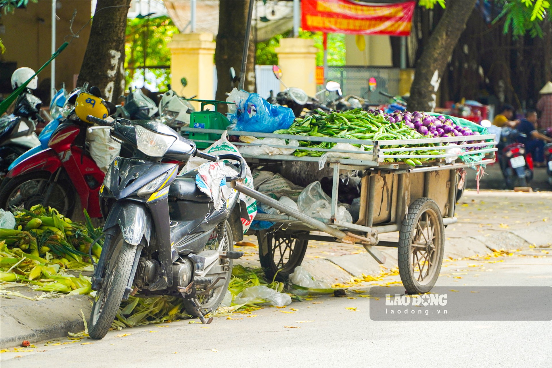 Không chỉ chiếm phần vỉa hè, các xe lưu động bán hoa quả còn ngang nhiên chiếm dụng cả phần lòng đường.