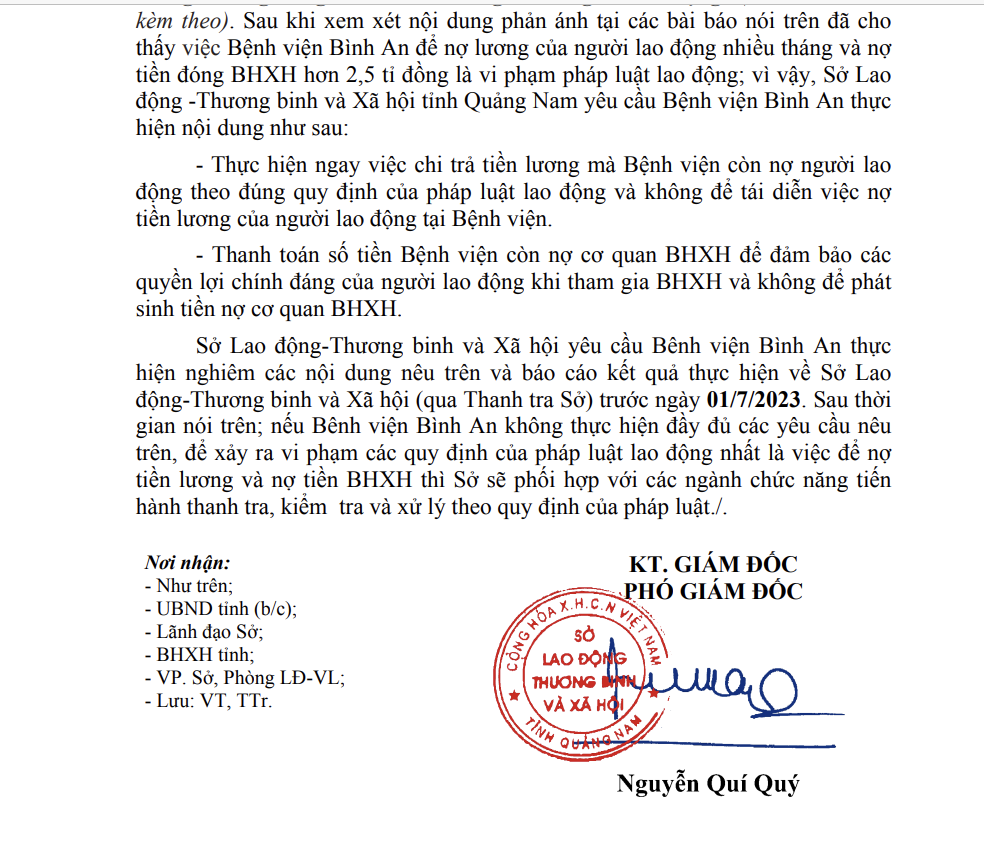 Sở LĐTB&XH Quảng Nam nhận định việc BV Bình An nợ lương và BHXH của NLĐ kéo dài là vi phạm pháp luật lao động và yêu cầu báo cáo trước ngày 1.7.2023. Ảnh Hoàng Bin