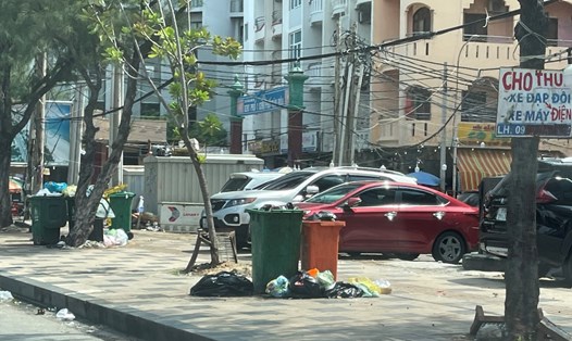 Phương tiện đậu trên vỉa hè, thùng rác để bừa bãi ngay mặt tiền Bãi Sau làm tuyến đường trở nên nhếch nhác. Ảnh: UBND TP VT