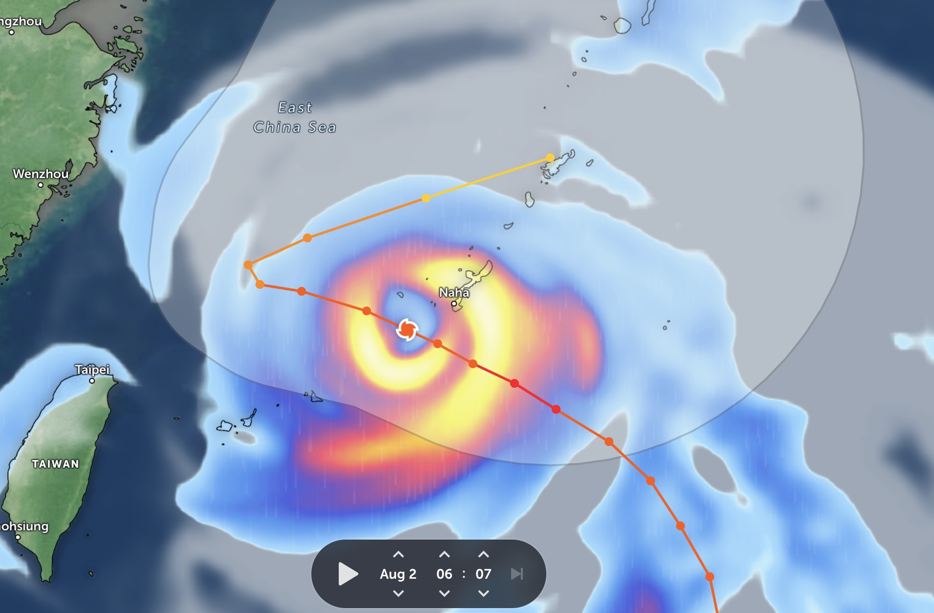 Vị trí cơn bão mới nhất Khanun sáng 2.8. Ảnh: Zoom Earth