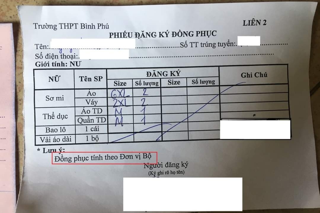 Phiếu đăng ký đồng phục của Trường THPT Bình Phú được đăng tải lên mạng xã hội. Ảnh: Chụp màn hình