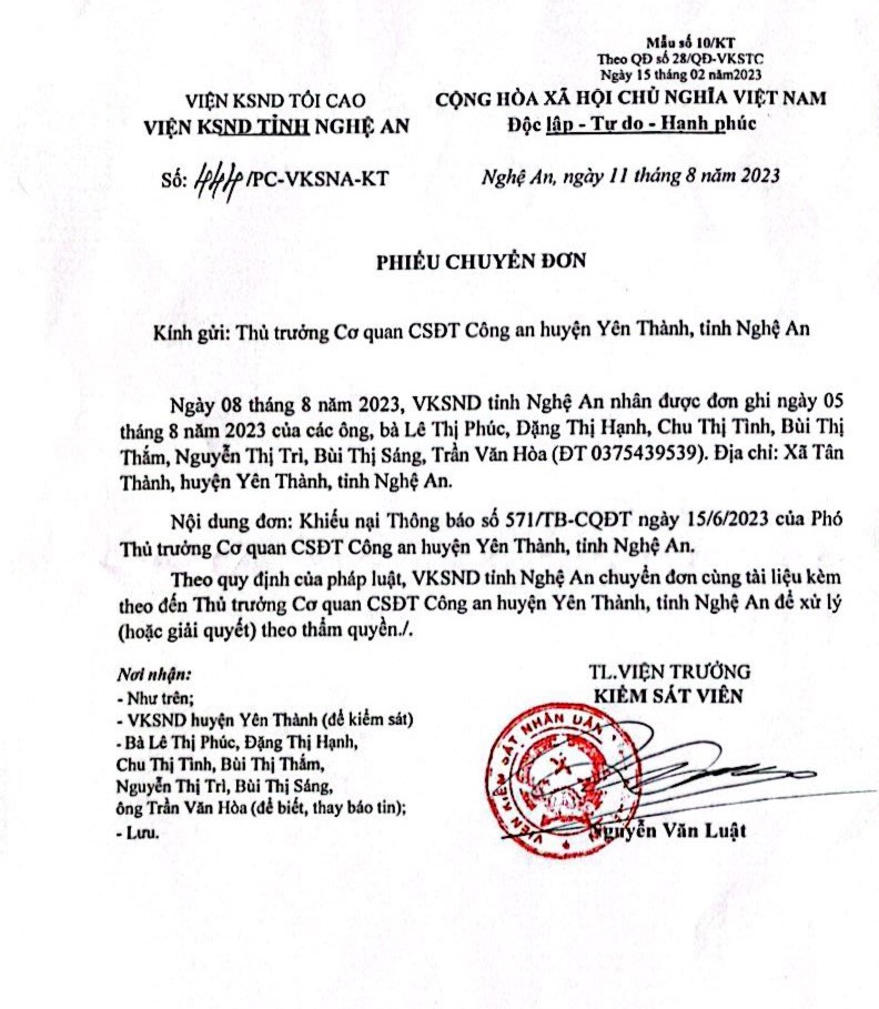 Viện KSND tỉnh Nghệ An ra văn bản phúc đáp đơn khiếu nại của công dân. Ảnh: Quang Đại
