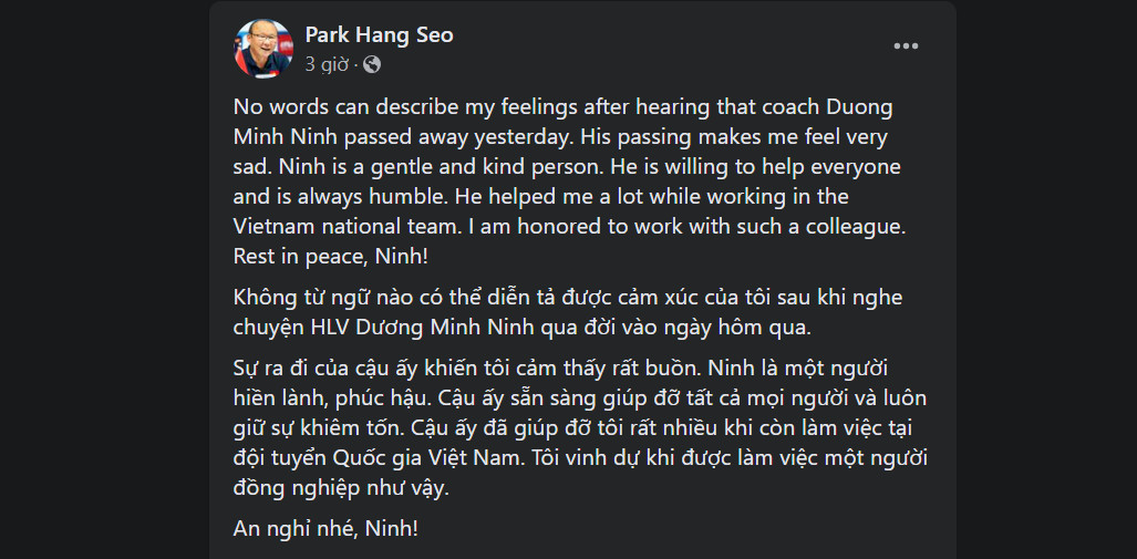 Cựu huấn luyện viên tuyển Việt Nam Park Hang-seo tiếc thương vì sự ra đi đột ngột của ông Dương Minh Ninh. Ảnh: Chụp màn hình