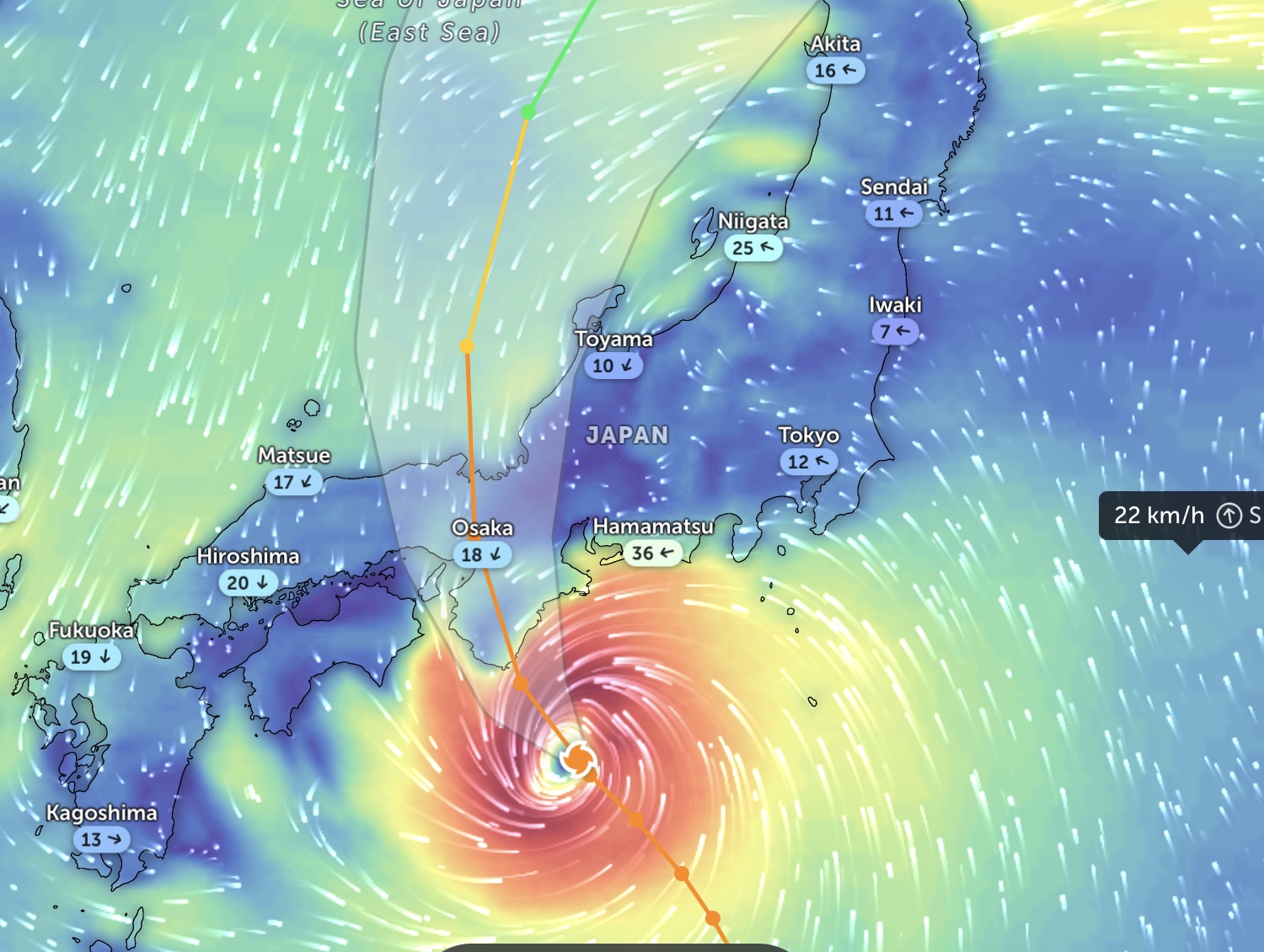 台風２０号は日本を横断し、トラックが横転するほどの強風をもたらすと予想されている。