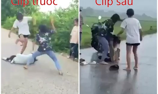 2 nữ sinh (áo trắng và áo đen) có liên tiếp 2 vụ đánh nhau với các học sinh khác trong cùng 1 ngày. Ảnh cắt từ clip.