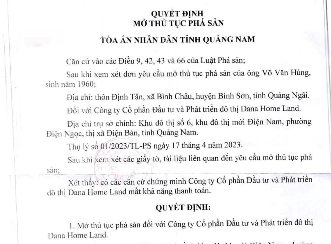 Tòa án ND tỉnh Quảng Nam đã có quyết định mở thủ tục phá sản Công ty Dana Homland. Ảnh PV