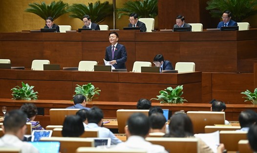 Bộ trưởng Bộ Tư pháp Lê Thành Long trả lời chất vấn sáng 15.8. Ảnh: Quochoi.vn