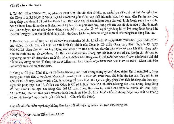 Công ty kiểm toán AASC nhấn mạnh nhiều vấn đề tại báo cáo tài chính Gang thép Thái Nguyên. Ảnh: Chụp màn hình.