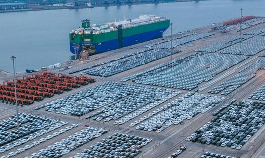 Xe ở Trung Quốc chờ xuất khẩu tại một cảng ở Sơn Đông. Ảnh: Xinhua